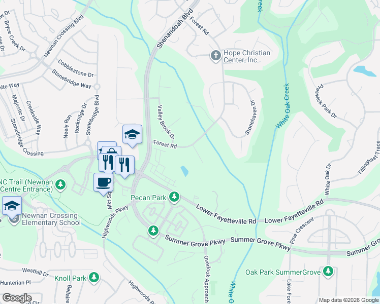 map of restaurants, bars, coffee shops, grocery stores, and more near 15 Foxcroft Court in Newnan