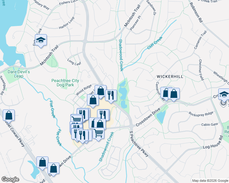 map of restaurants, bars, coffee shops, grocery stores, and more near 507 Ridgefield Drive in Peachtree City
