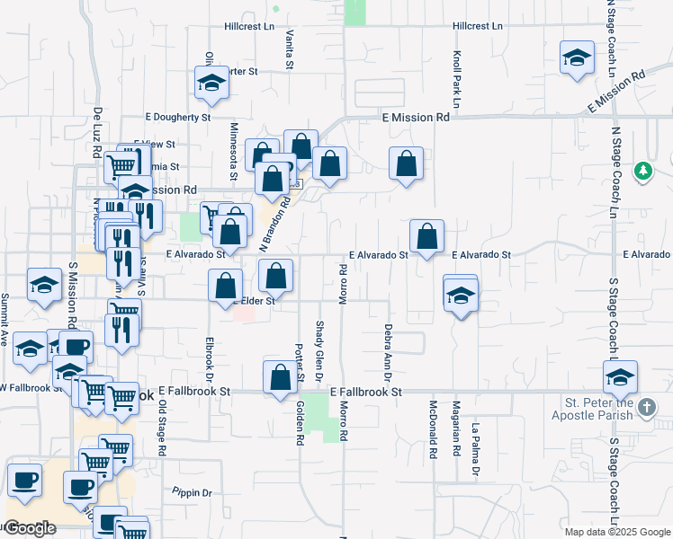 map of restaurants, bars, coffee shops, grocery stores, and more near 129 Morro Road in Fallbrook