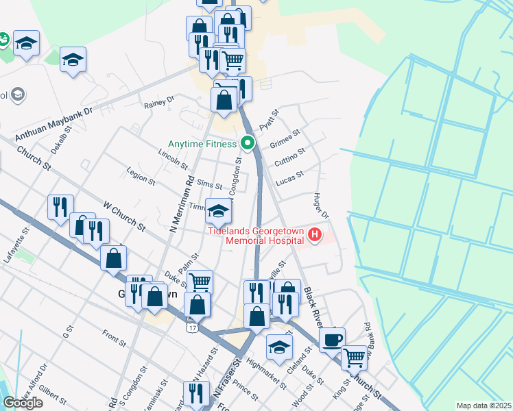 map of restaurants, bars, coffee shops, grocery stores, and more near 721 North Fraser Street in Georgetown