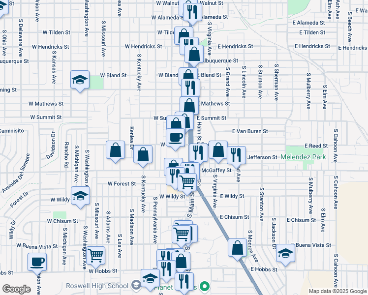 map of restaurants, bars, coffee shops, grocery stores, and more near 1100 South Main Street in Roswell