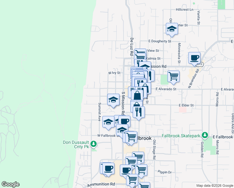 map of restaurants, bars, coffee shops, grocery stores, and more near 325 West Fig Street in Fallbrook
