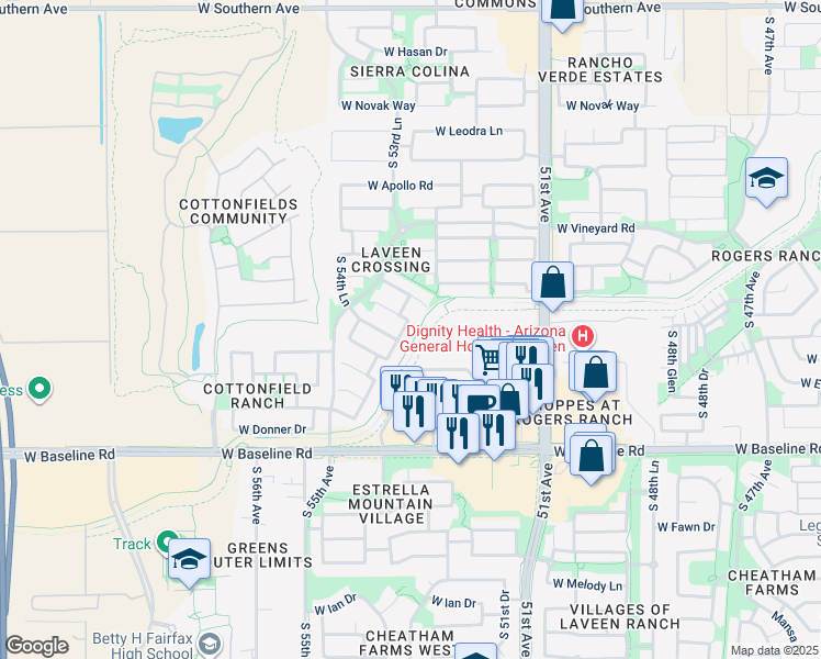 map of restaurants, bars, coffee shops, grocery stores, and more near 7111 South 53rd Lane in Phoenix