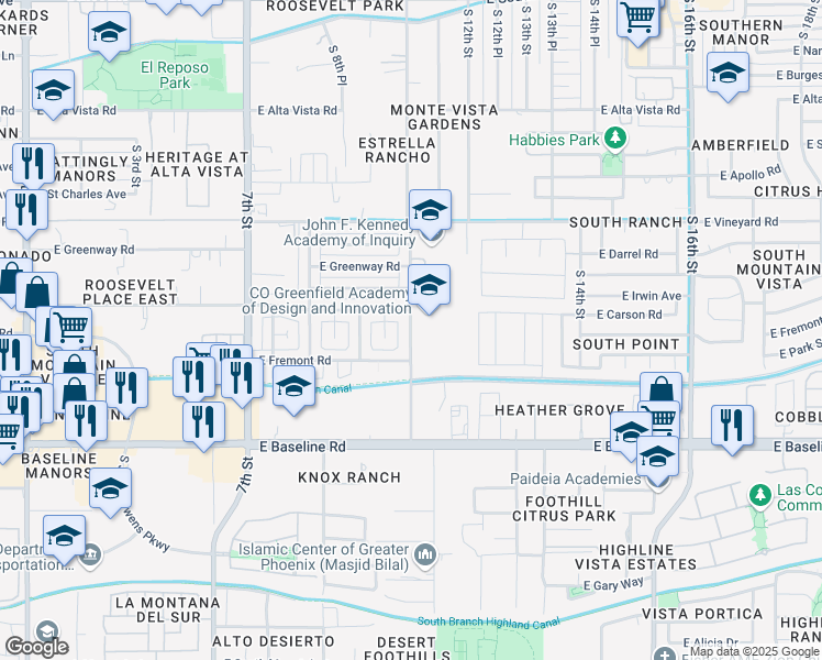 map of restaurants, bars, coffee shops, grocery stores, and more near 7139 South 10th Street in Phoenix