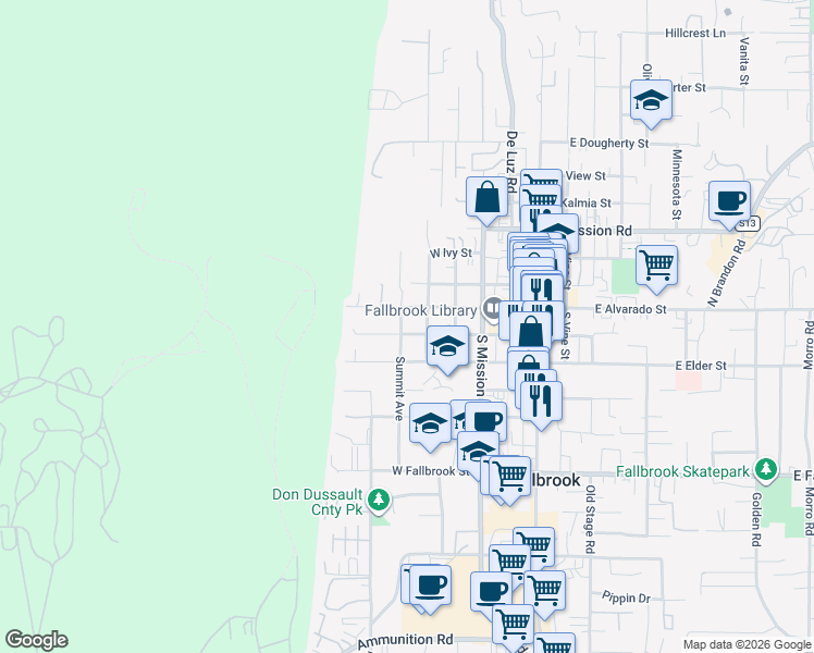 map of restaurants, bars, coffee shops, grocery stores, and more near 535 West Fig Street in Fallbrook