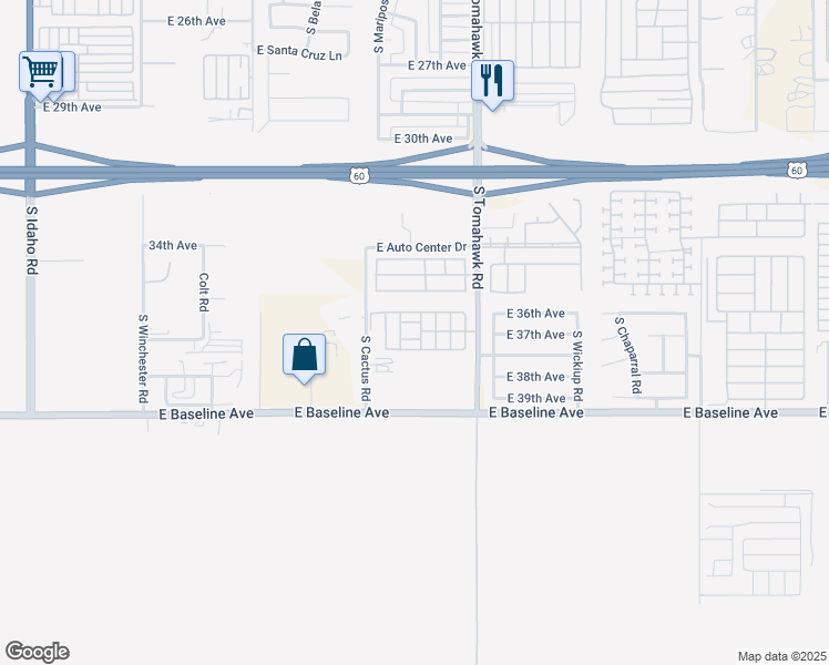 map of restaurants, bars, coffee shops, grocery stores, and more near 3700 South Tomahawk Road in Apache Junction