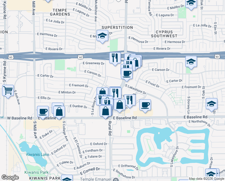 map of restaurants, bars, coffee shops, grocery stores, and more near East Carter Drive in Tempe