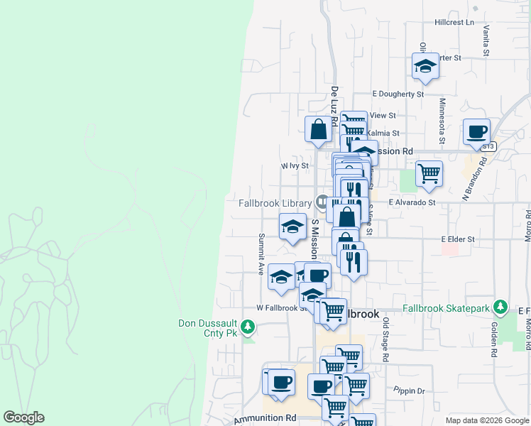 map of restaurants, bars, coffee shops, grocery stores, and more near 535 West Fig Street in Fallbrook