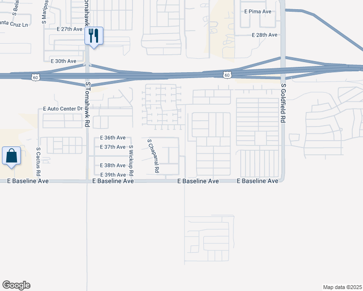 map of restaurants, bars, coffee shops, grocery stores, and more near 3705 South Conestoga Road in Apache Junction