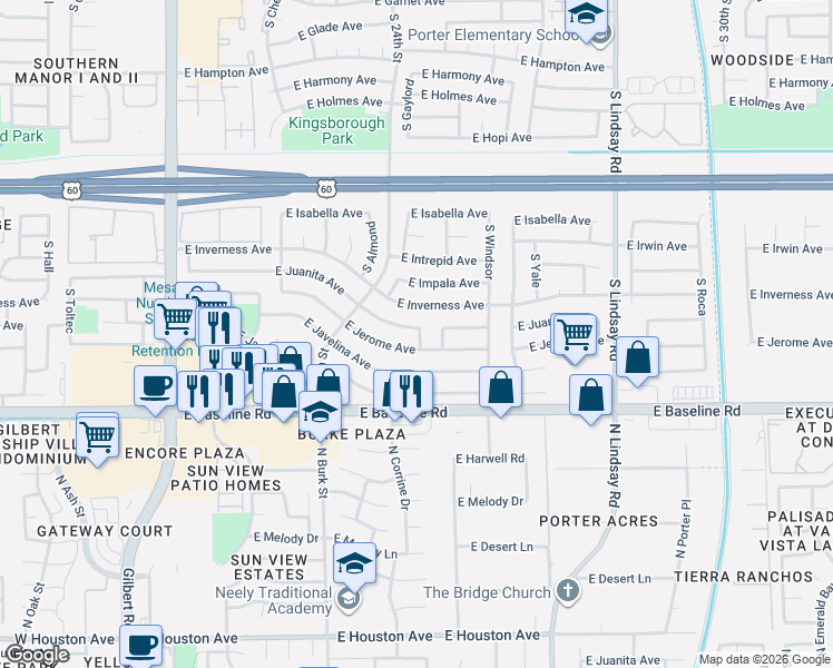 map of restaurants, bars, coffee shops, grocery stores, and more near 2458 East Juanita Avenue in Mesa