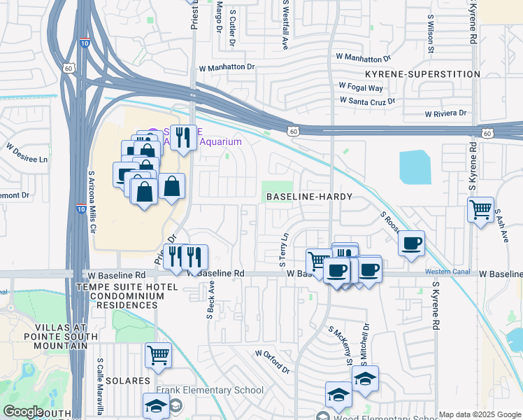 map of restaurants, bars, coffee shops, grocery stores, and more near 1222 West Baseline Road in Tempe