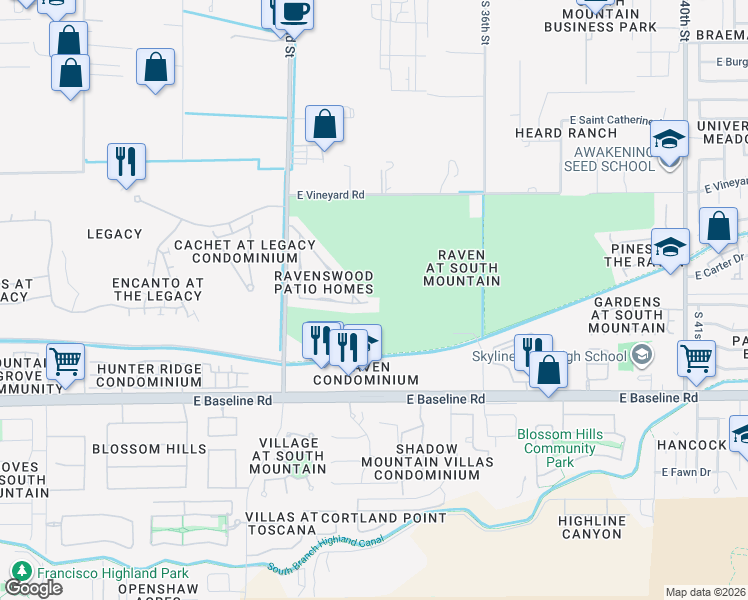 map of restaurants, bars, coffee shops, grocery stores, and more near 3325 East Fremont Road in Phoenix