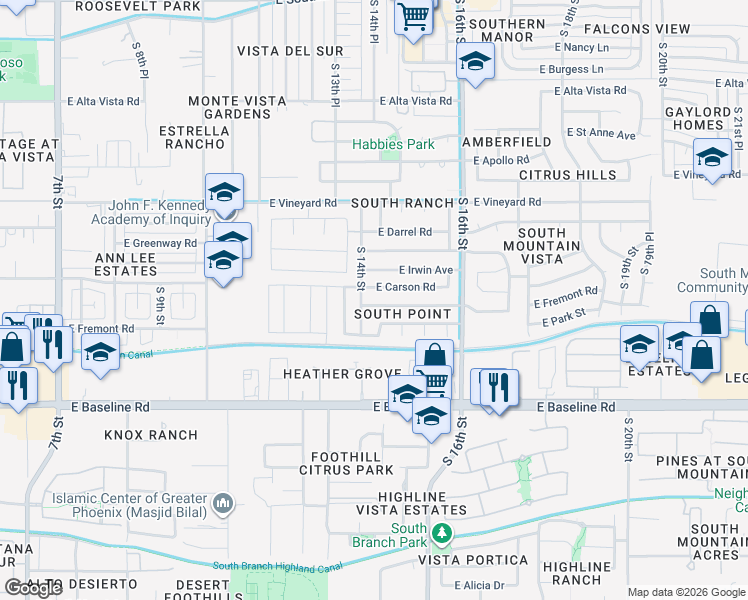 map of restaurants, bars, coffee shops, grocery stores, and more near 7055 South 14th Street in Phoenix