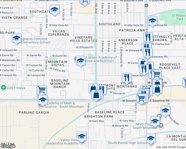 map of restaurants, bars, coffee shops, grocery stores, and more near 726 West Minton Street in Phoenix
