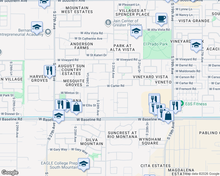 map of restaurants, bars, coffee shops, grocery stores, and more near 2305 West Carter Road in Phoenix