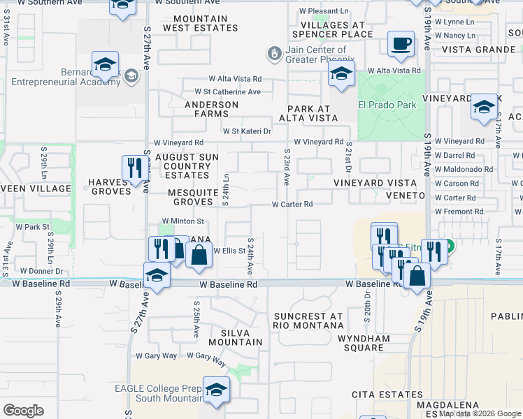 map of restaurants, bars, coffee shops, grocery stores, and more near 2402 West Minton Street in Phoenix