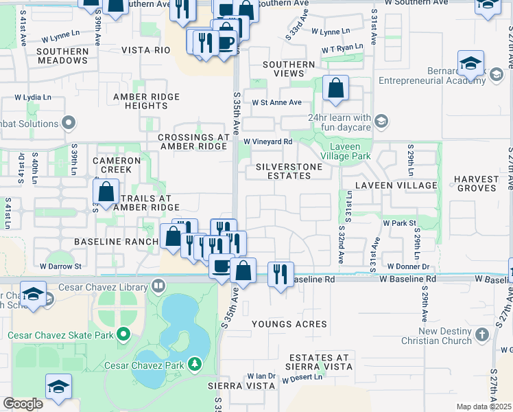 map of restaurants, bars, coffee shops, grocery stores, and more near 7210 South 34th Drive in Phoenix
