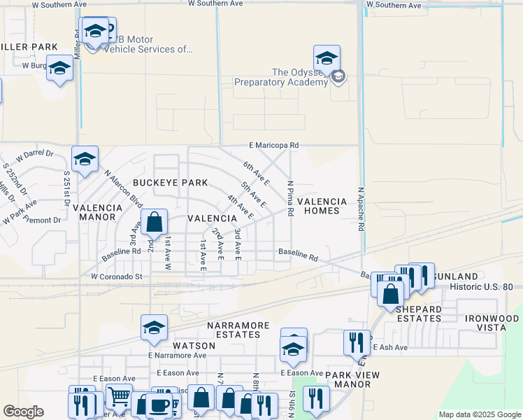 map of restaurants, bars, coffee shops, grocery stores, and more near 302 4th Avenue East in Buckeye