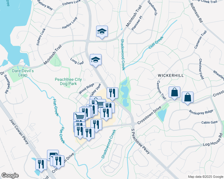 map of restaurants, bars, coffee shops, grocery stores, and more near 404 Ridgefield Drive in Peachtree City