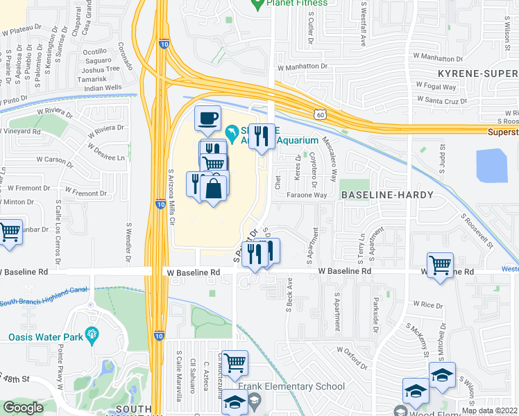 map of restaurants, bars, coffee shops, grocery stores, and more near 5015 South Arizona Mills Circle in Tempe