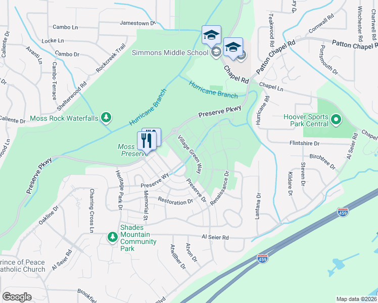 map of restaurants, bars, coffee shops, grocery stores, and more near 583 Preserve Way in Hoover