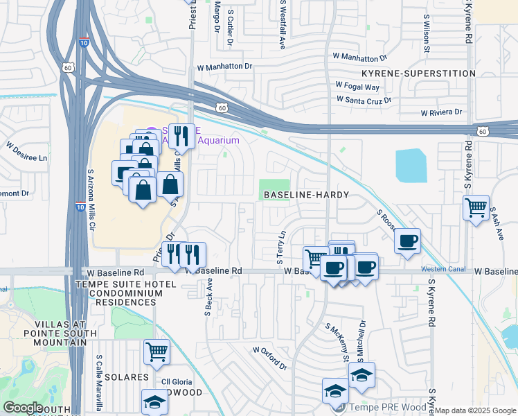 map of restaurants, bars, coffee shops, grocery stores, and more near 1222 West Baseline Road in Tempe