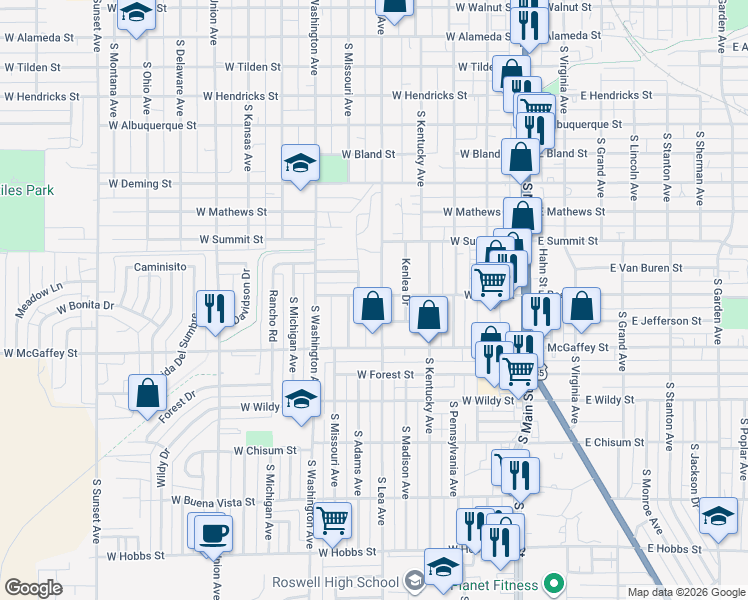 map of restaurants, bars, coffee shops, grocery stores, and more near 1106 South Lea Avenue in Roswell