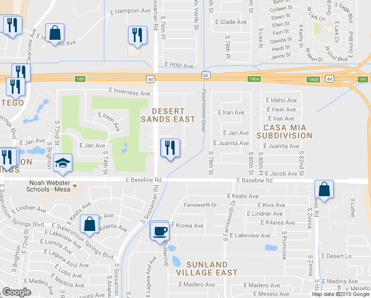 map of restaurants, bars, coffee shops, grocery stores, and more near 1831 South 77th Street in Mesa