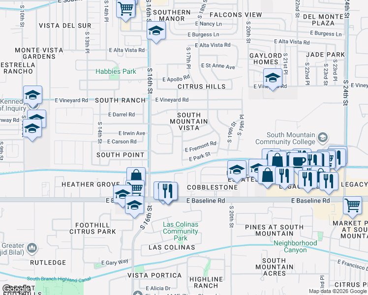 map of restaurants, bars, coffee shops, grocery stores, and more near 1712 East Park Street in Phoenix