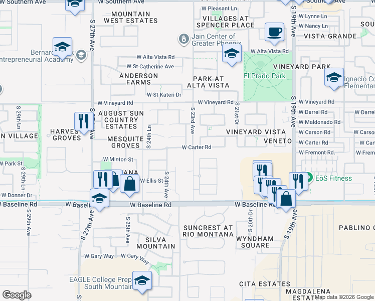 map of restaurants, bars, coffee shops, grocery stores, and more near 2305 W Carter Rd in Phoenix