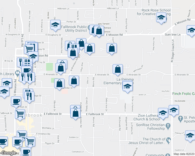 map of restaurants, bars, coffee shops, grocery stores, and more near 917 East Alvarado Street in Fallbrook