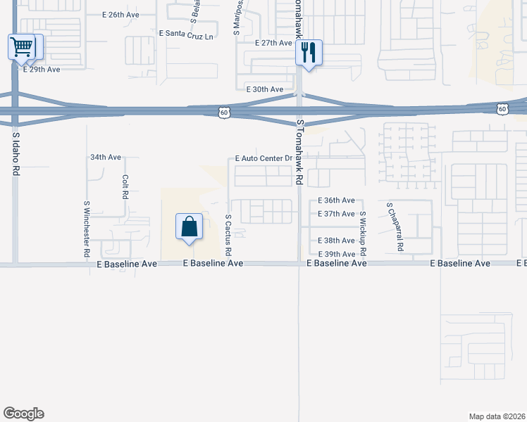 map of restaurants, bars, coffee shops, grocery stores, and more near 3700 South Tomahawk Road in Apache Junction