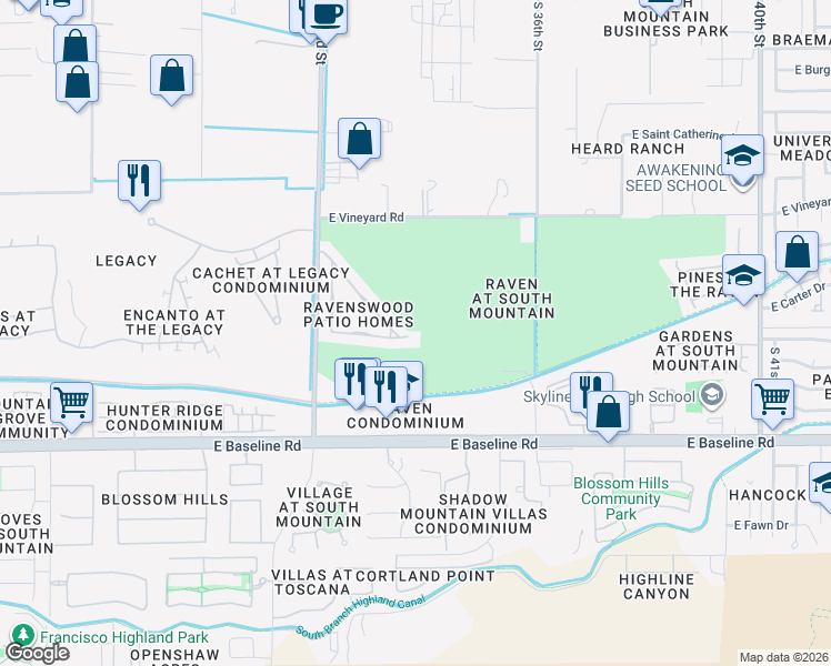 map of restaurants, bars, coffee shops, grocery stores, and more near 3325 East Fremont Road in Phoenix