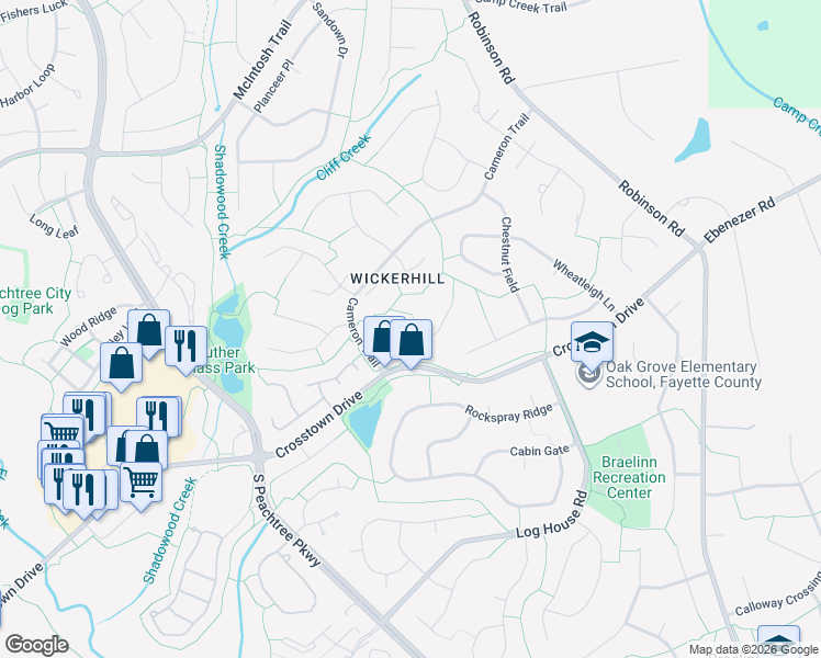 map of restaurants, bars, coffee shops, grocery stores, and more near 114 Treillage Lane in Peachtree City
