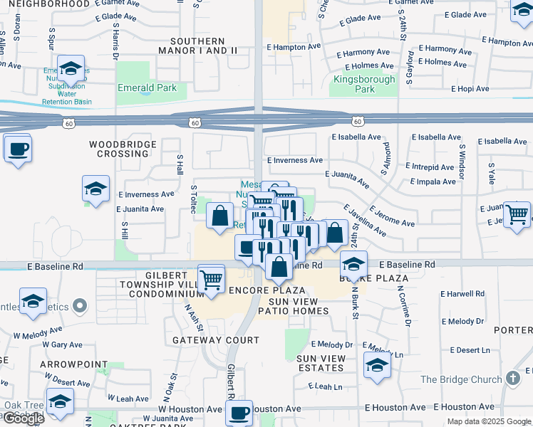 map of restaurants, bars, coffee shops, grocery stores, and more near 2048 East Baseline Road in Mesa
