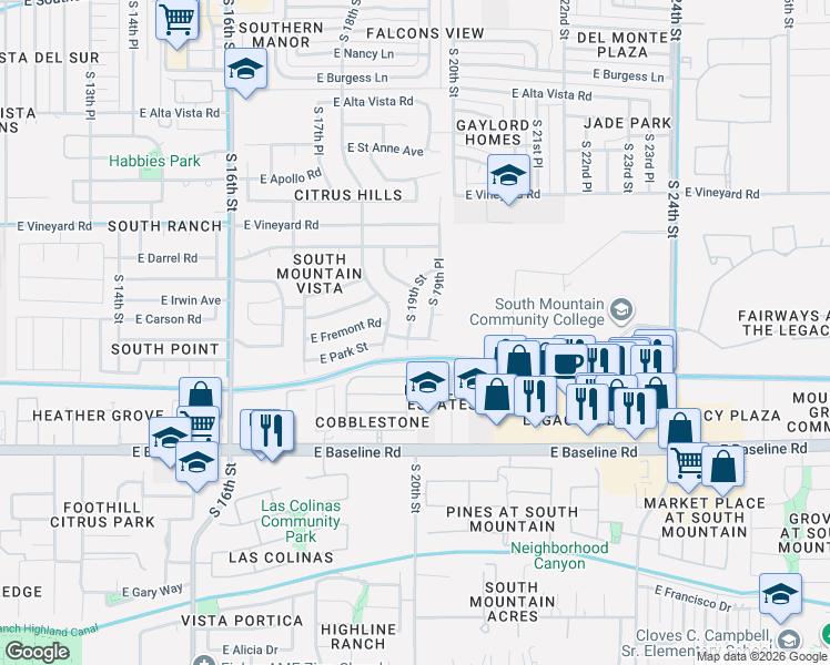 map of restaurants, bars, coffee shops, grocery stores, and more near 1925 East Park Street in Phoenix
