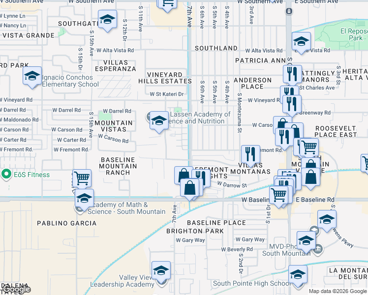 map of restaurants, bars, coffee shops, grocery stores, and more near 726 West Minton Street in Phoenix