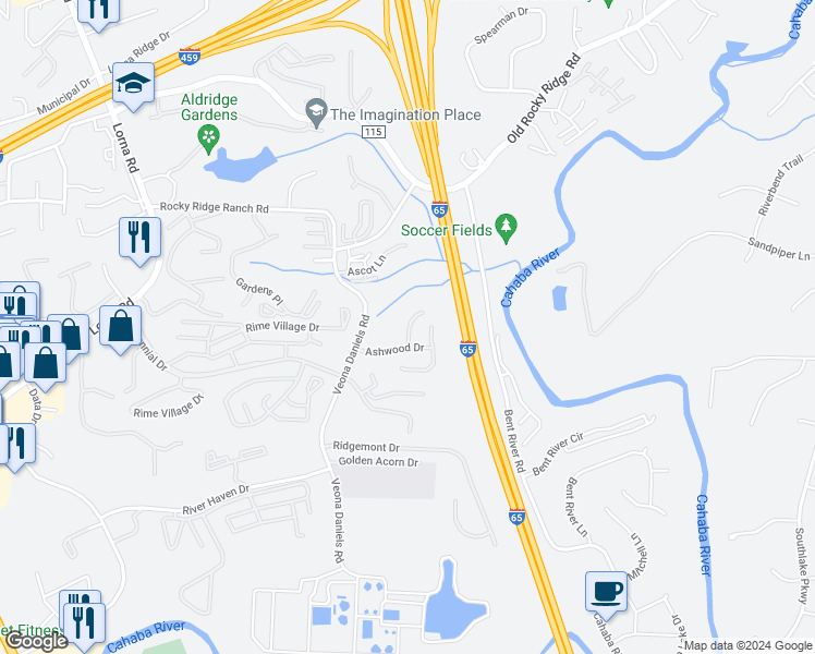 map of restaurants, bars, coffee shops, grocery stores, and more near 4155 Seabrook Lane in Birmingham