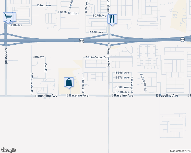 map of restaurants, bars, coffee shops, grocery stores, and more near 3700 South Tomahawk Road in Apache Junction