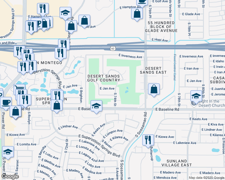 map of restaurants, bars, coffee shops, grocery stores, and more near 7355 East Jan Avenue in Mesa