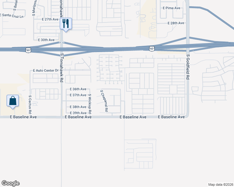 map of restaurants, bars, coffee shops, grocery stores, and more near 3759 South Conestoga Road in Apache Junction