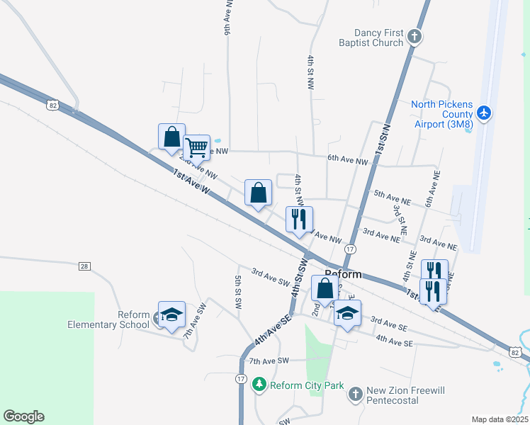 map of restaurants, bars, coffee shops, grocery stores, and more near 5th St NW in Reform