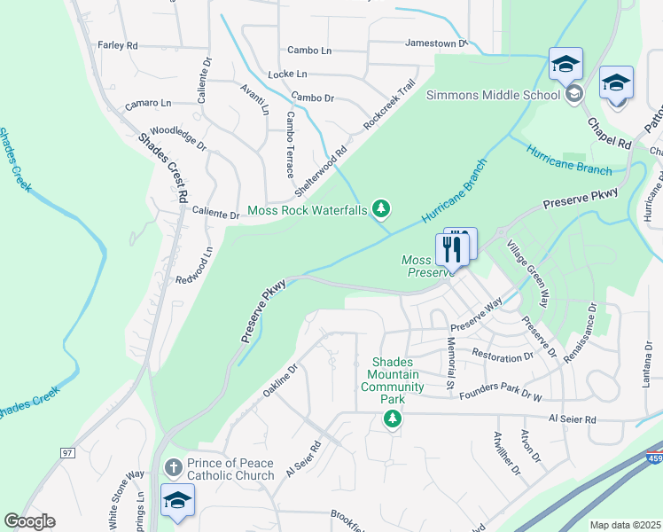 map of restaurants, bars, coffee shops, grocery stores, and more near 547 Oakline Drive in Birmingham