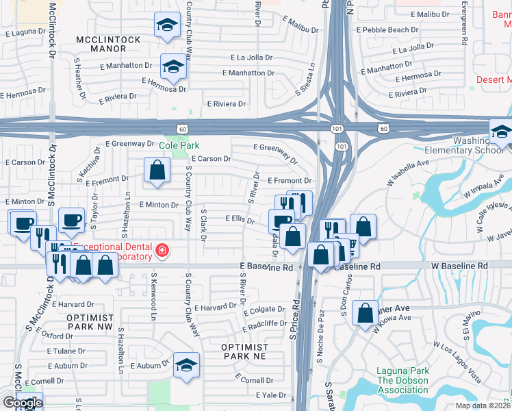 map of restaurants, bars, coffee shops, grocery stores, and more near 2084 East Ellis Drive in Tempe