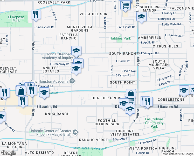 map of restaurants, bars, coffee shops, grocery stores, and more near 7225 South 12 Place in Phoenix