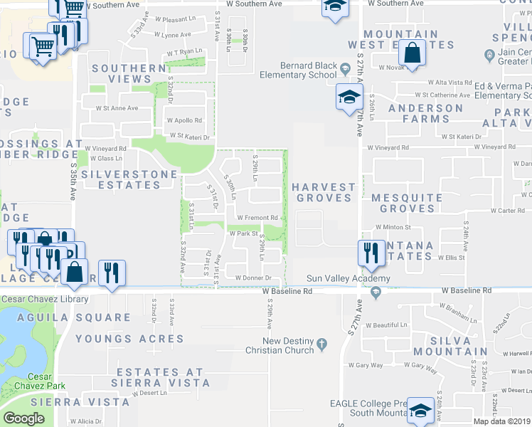 map of restaurants, bars, coffee shops, grocery stores, and more near 2921 West Fremont Road in Phoenix