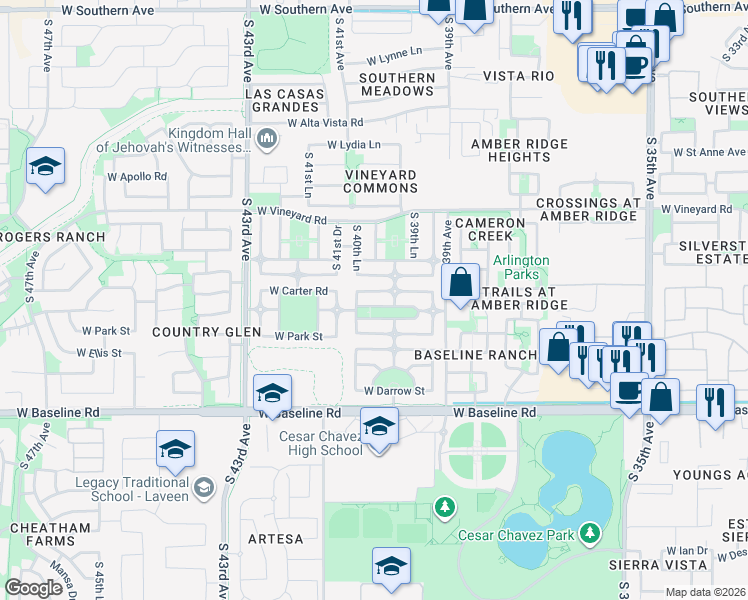 map of restaurants, bars, coffee shops, grocery stores, and more near 7229 South 40th Lane in Phoenix