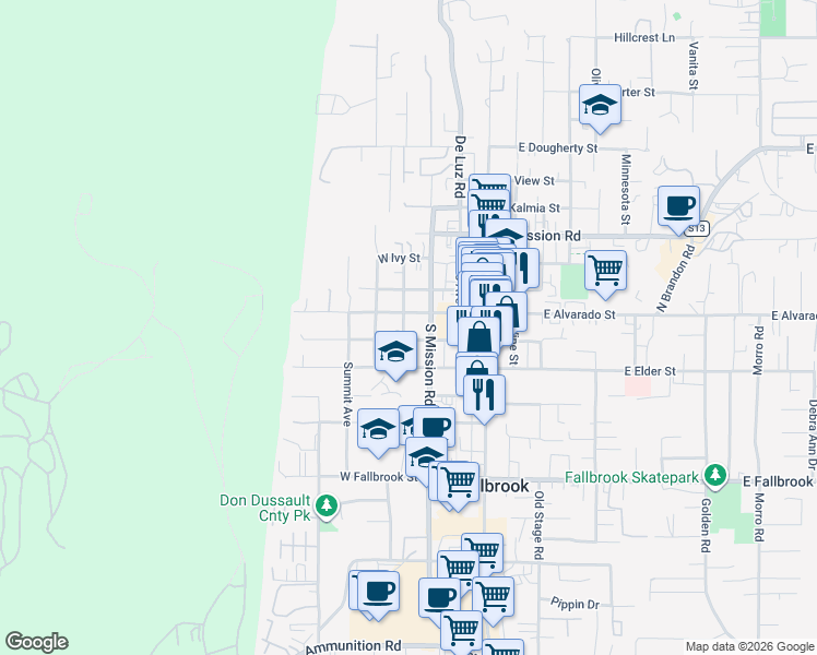 map of restaurants, bars, coffee shops, grocery stores, and more near 106 South Pasadena Avenue in Fallbrook