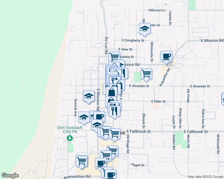 map of restaurants, bars, coffee shops, grocery stores, and more near 214 South Pico Avenue in Fallbrook