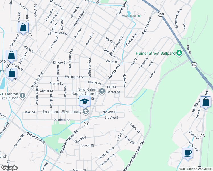map of restaurants, bars, coffee shops, grocery stores, and more near 615 Center Street in Bessemer